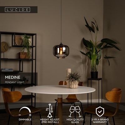 Lucide MEDINE - Pendant light - Ø 25 cm - 1xE27 - Smoke Grey